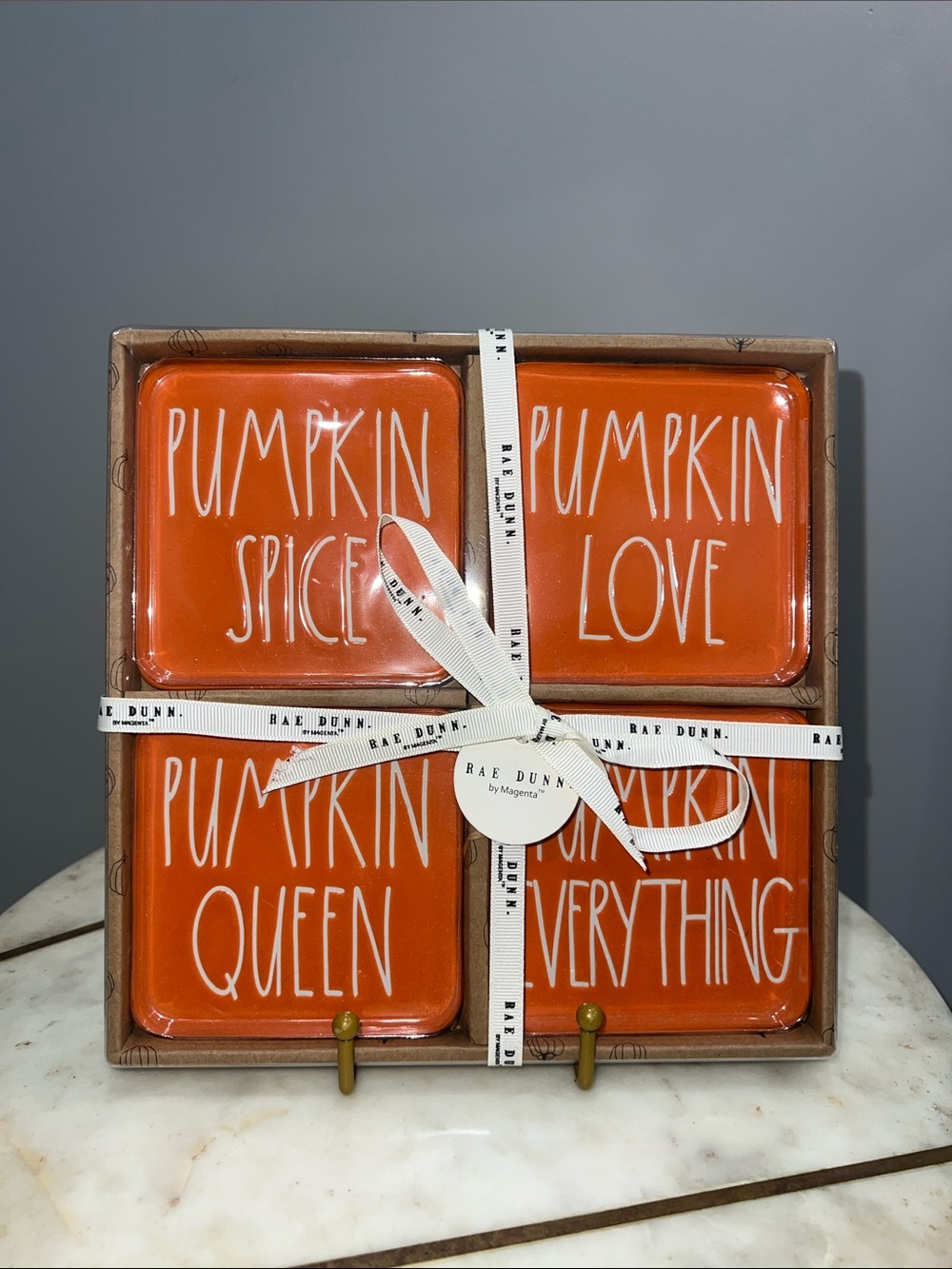 Rae Dunn Orange Ceramic Pumpkin Phrase Coaster Set pumpkin queen